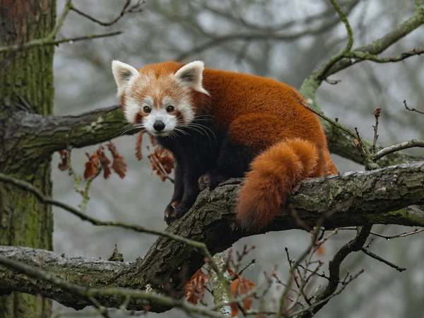 red panda sitting on branch of tree